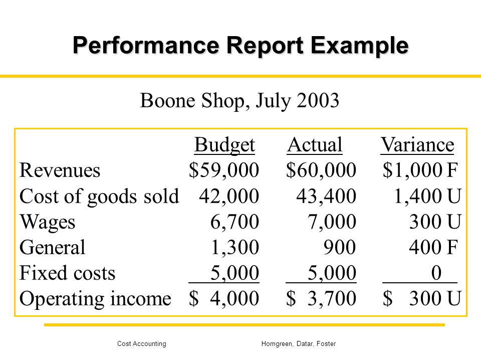 Performance Report Example of Managerial Accountant